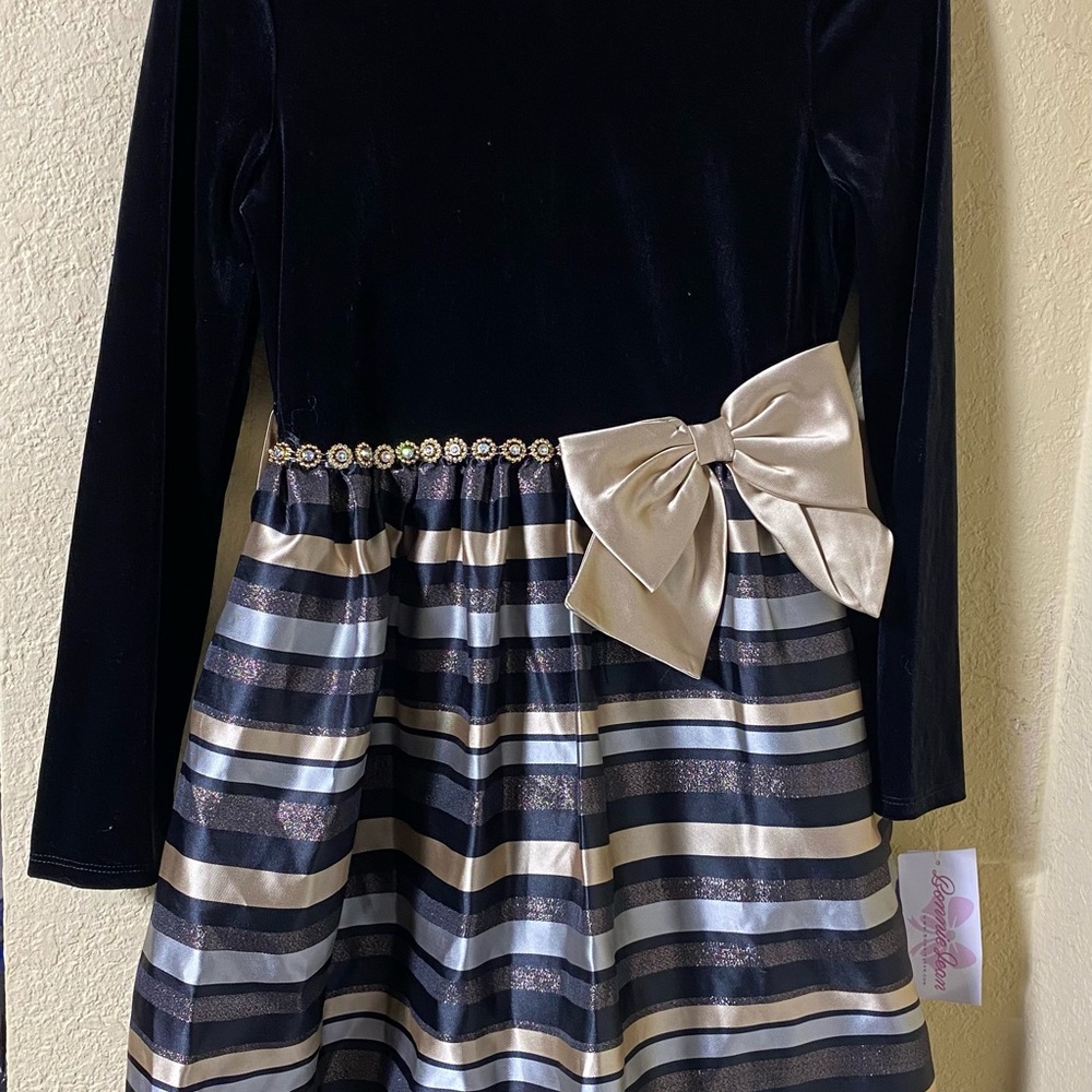 Big Girls Long Sleeved Striped Ballerina Bow Dress NWT - Picture 3 of 3